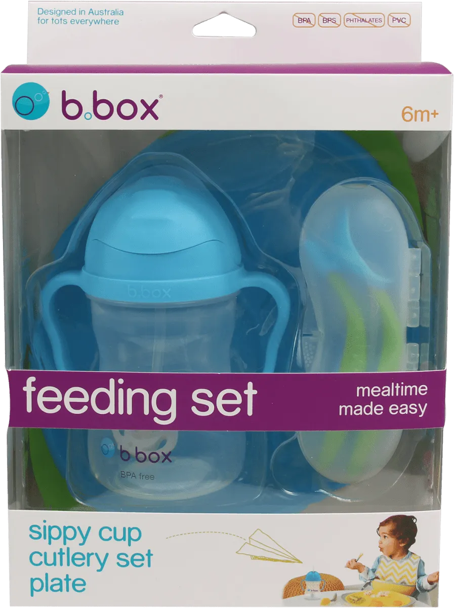 B.Box Feeding Set- Divider Plate, Sippy Cup & Cutlery Set- Ocean Breeze