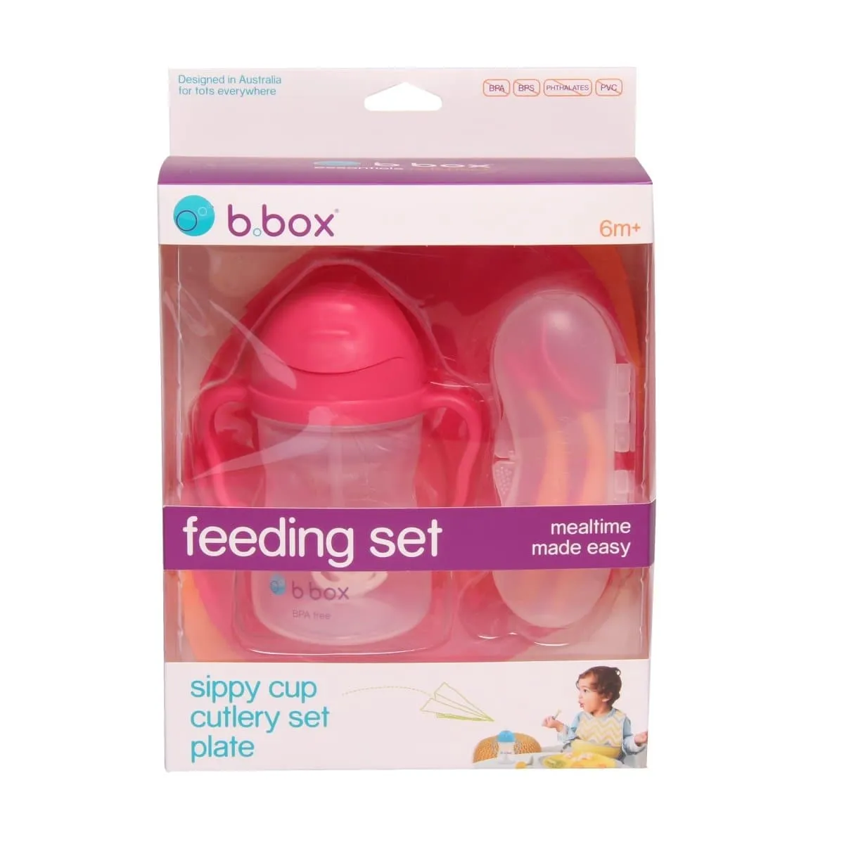 B.Box Feeding Set - Divider Plate, Sippy Cup & Cutlery Set - Strawberry Pink