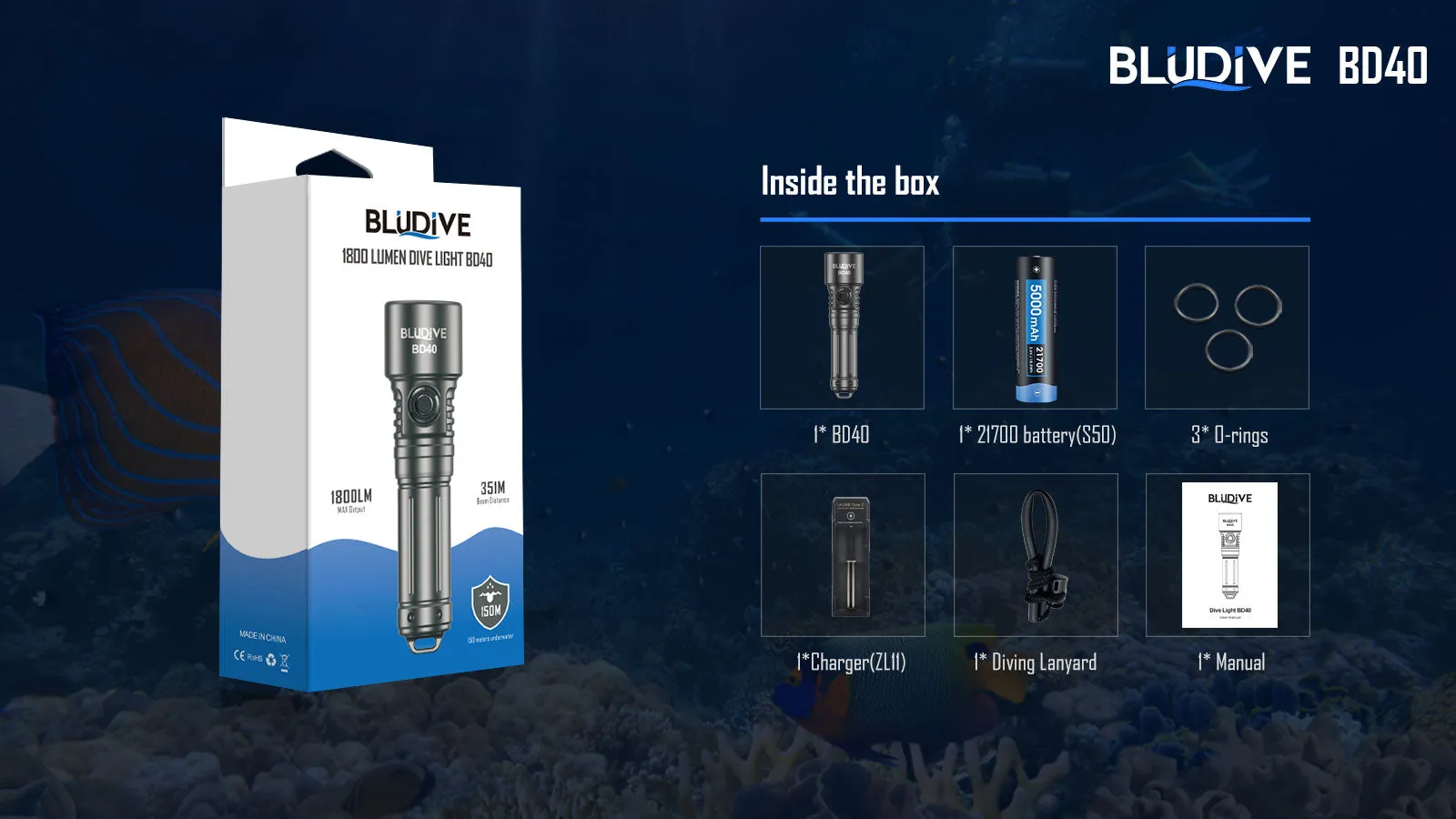 BD40 - 1800 lumens (150m Dive Torch Bundle)