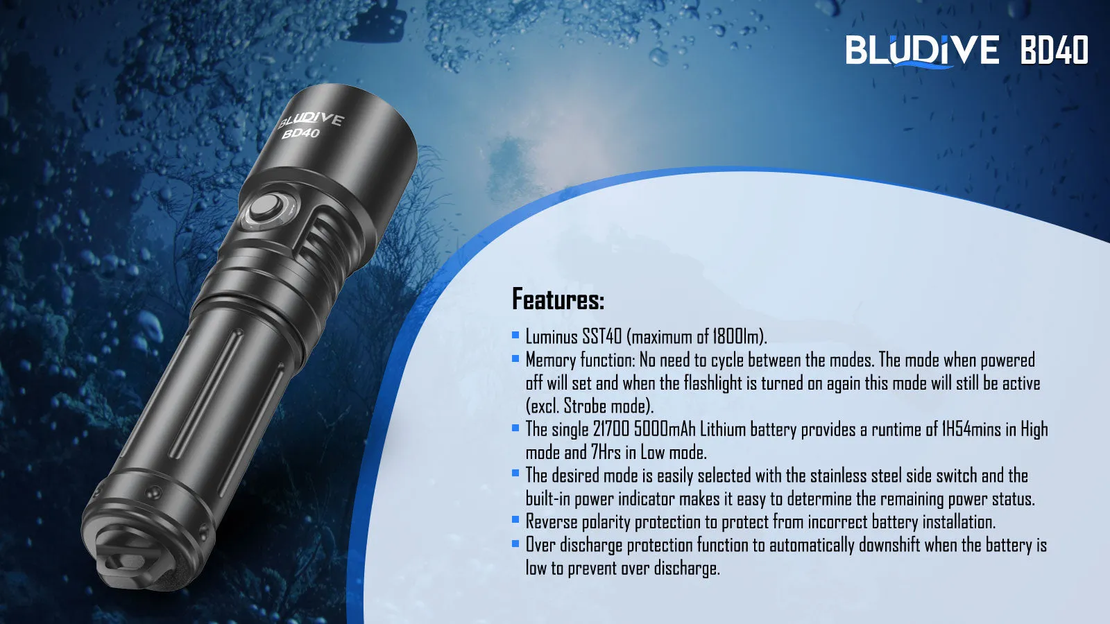 BD40 - 1800 lumens (150m Dive Torch Bundle)