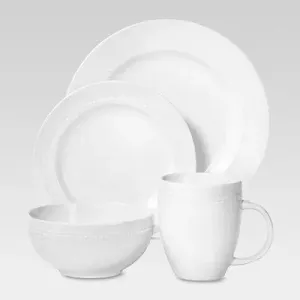 New - 16pc Porcelain Beaded Rim Dinnerware Set White - Threshold