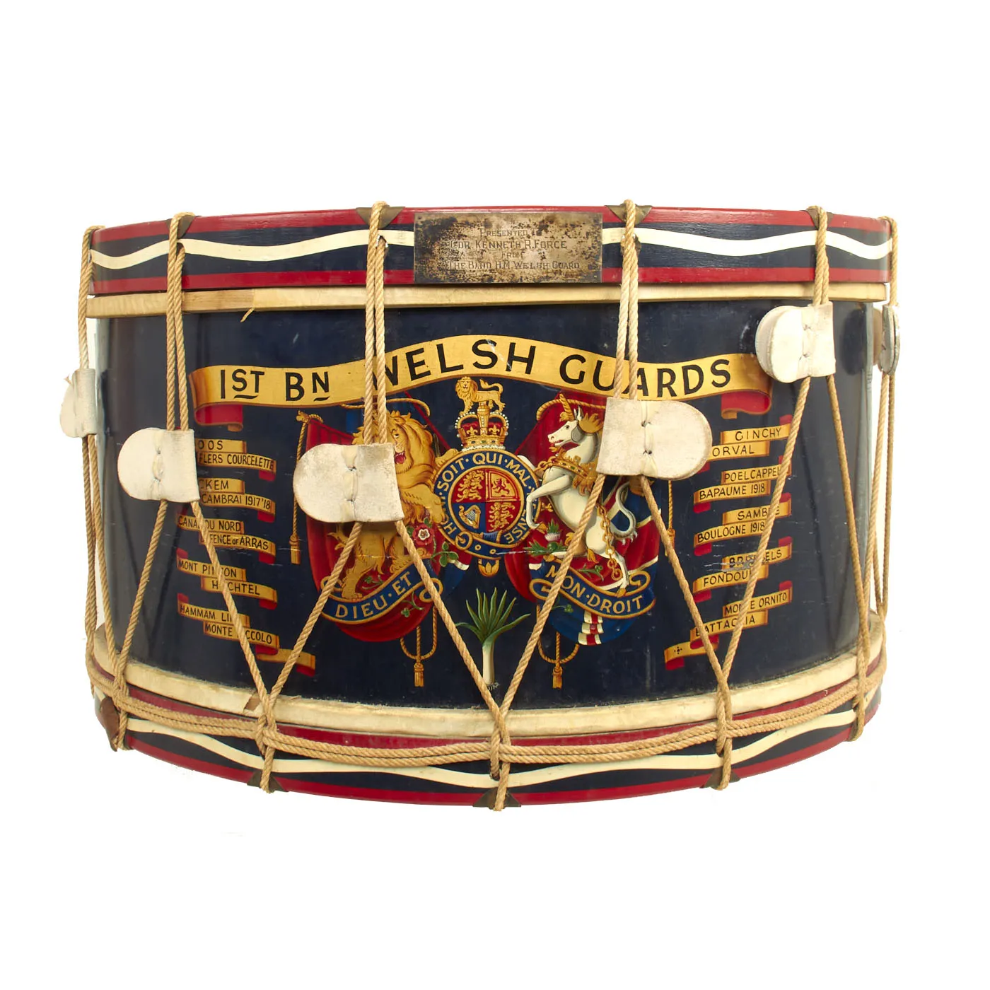 Original British WWI 1st Battalion Welsh Foot Guards Regiment Presentation Drum For Commander Kenneth R. Force