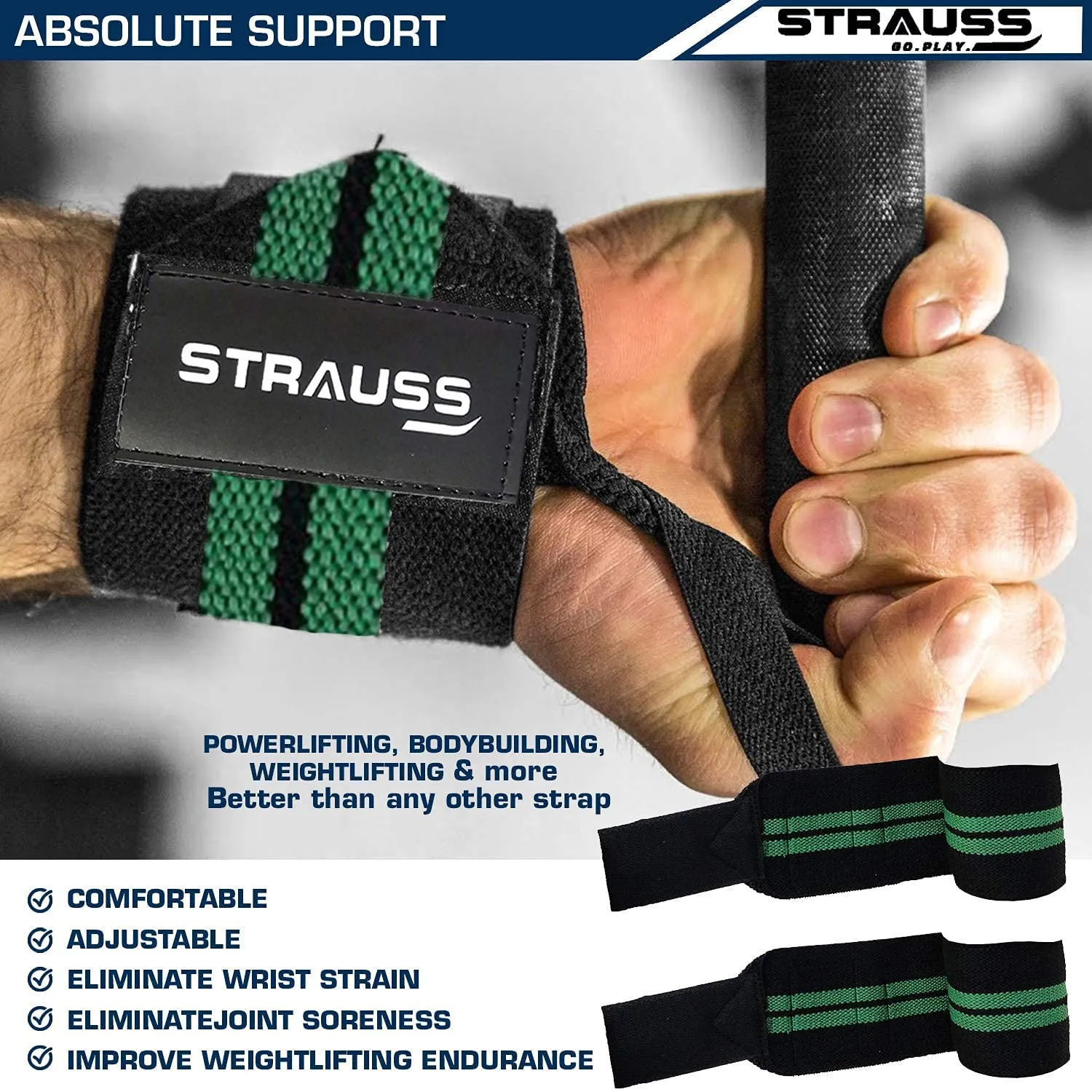 STRAUSS Wrist Supporter with Thumb Loop Straps and Knee/Elbow/Leg Compression Bandage Wraps| Adjustable & Breathable with Powerful Velcro & Soft Material | Perfect Combo for all workouts, (Green)