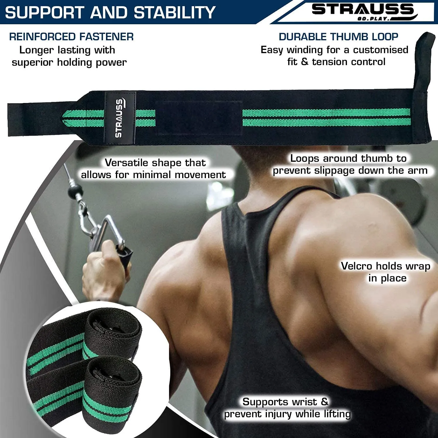 STRAUSS Wrist Supporter with Thumb Loop Straps and Knee/Elbow/Leg Compression Bandage Wraps| Adjustable & Breathable with Powerful Velcro & Soft Material | Perfect Combo for all workouts, (Green)