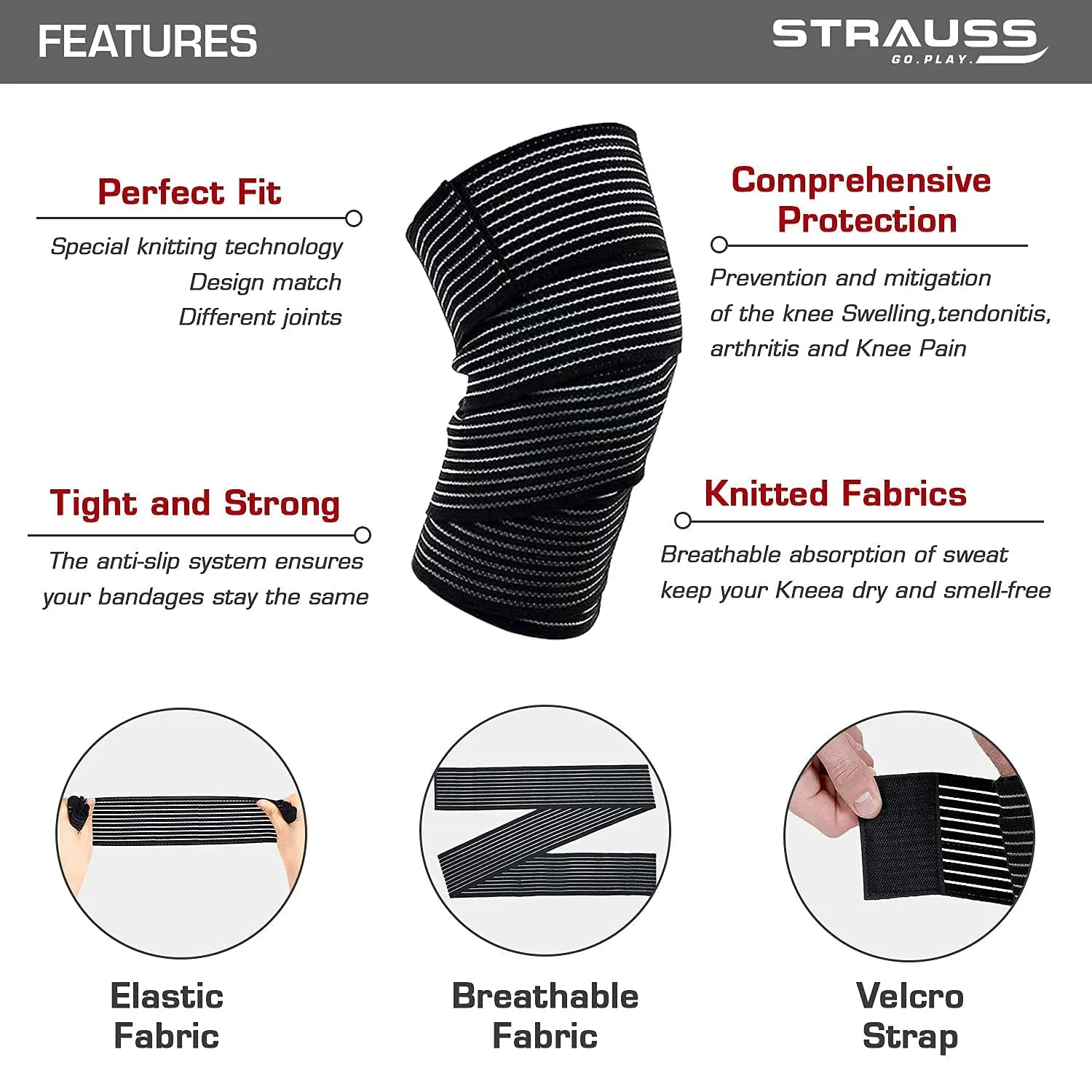 STRAUSS Wrist Supporter with Thumb Loop Straps and Knee/Elbow/Leg Compression Bandage Wraps| Adjustable & Breathable with Powerful Velcro & Soft Material | Perfect Combo for all workouts, (Green)