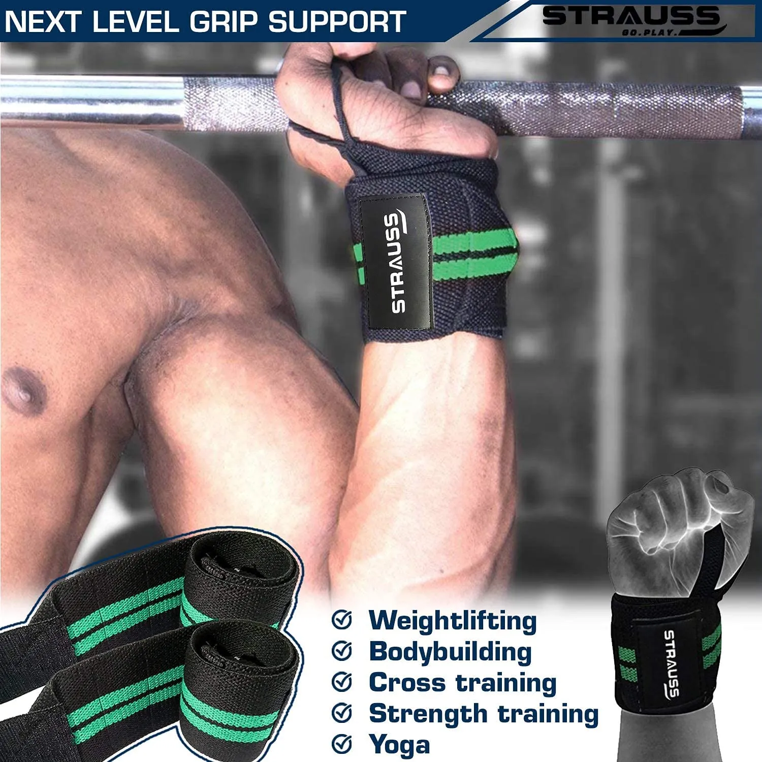 STRAUSS Wrist Supporter with Thumb Loop Straps and Knee/Elbow/Leg Compression Bandage Wraps| Adjustable & Breathable with Powerful Velcro & Soft Material | Perfect Combo for all workouts, (Green)