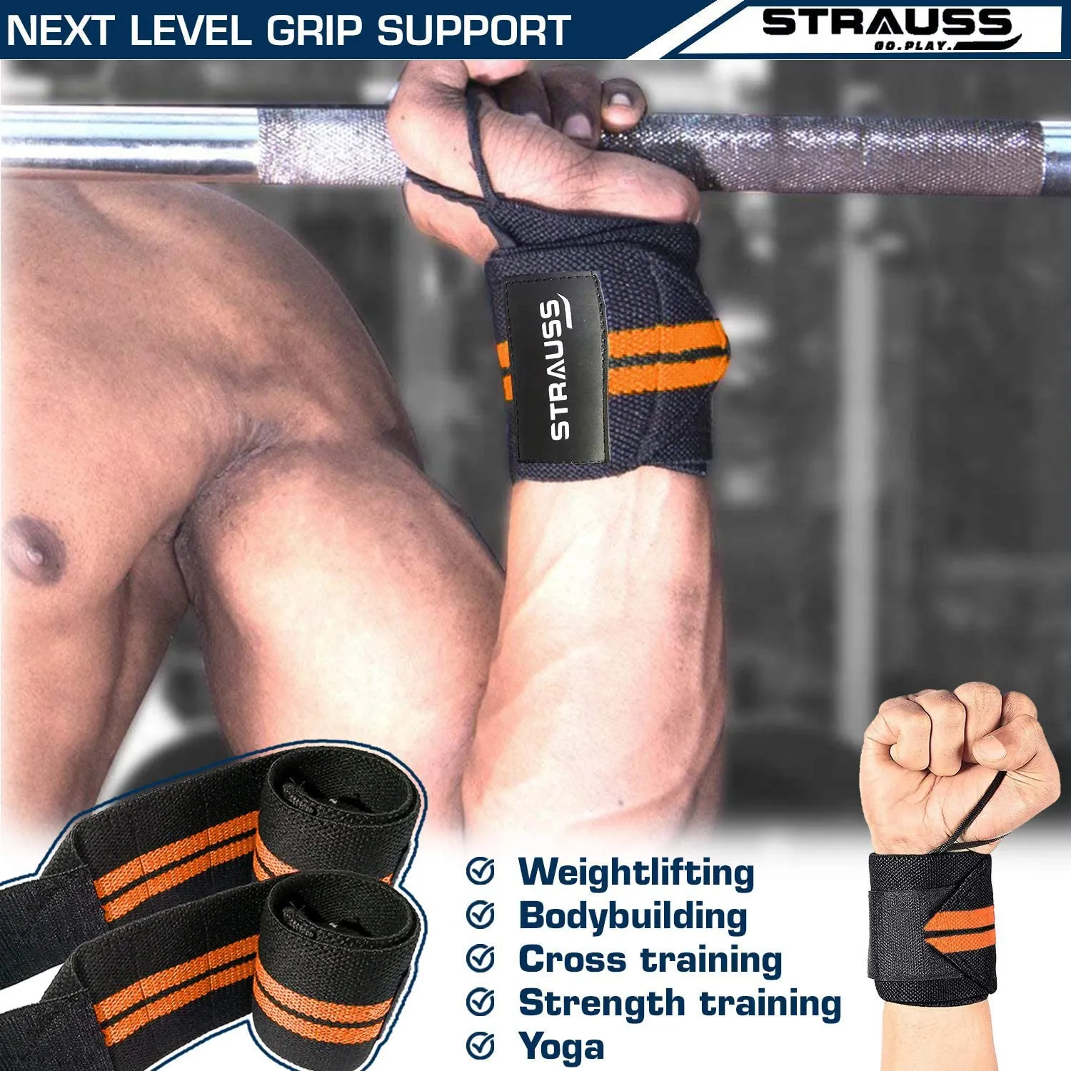 STRAUSS Wrist Supporter with Thumb Loop Straps and Knee/Elbow/Leg Compression Bandage Wraps| Adjustable & Breathable with Powerful Velcro & Soft Material | Perfect Combo for all workouts, (Orange)