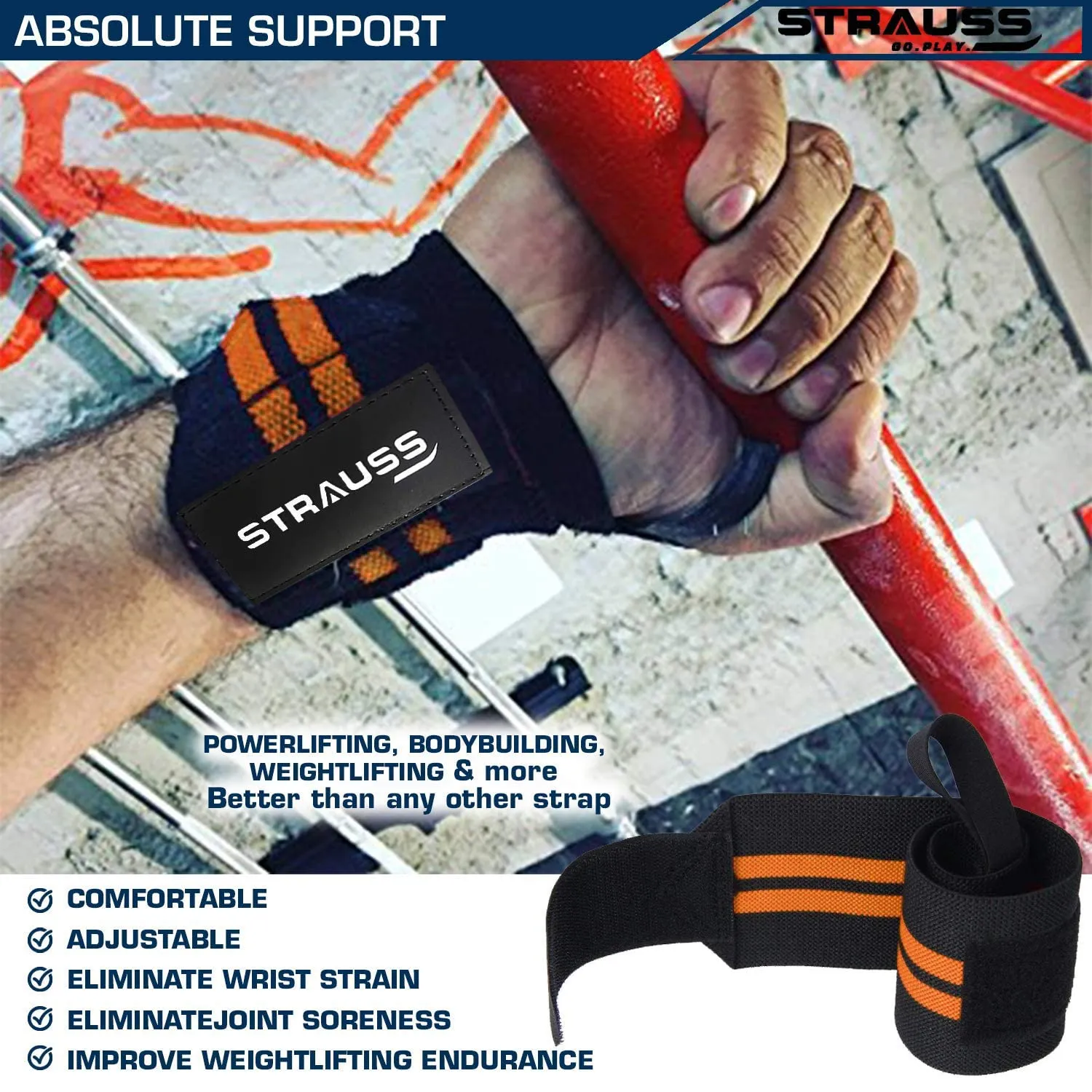 STRAUSS Wrist Supporter with Thumb Loop Straps and Knee/Elbow/Leg Compression Bandage Wraps| Adjustable & Breathable with Powerful Velcro & Soft Material | Perfect Combo for all workouts, (Orange)