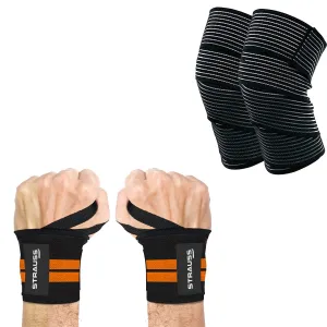 STRAUSS Wrist Supporter with Thumb Loop Straps and Knee/Elbow/Leg Compression Bandage Wraps| Adjustable & Breathable with Powerful Velcro & Soft Material | Perfect Combo for all workouts, (Orange)